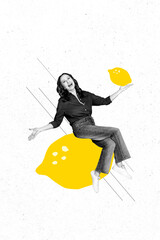 Vertical image pop trend collage of happy old woman sit lemon doodle ripe sour fruit nutrition lemonade soda beverage concept