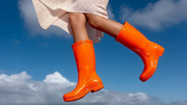 Woman wearing orange rain boots is jumping in the air