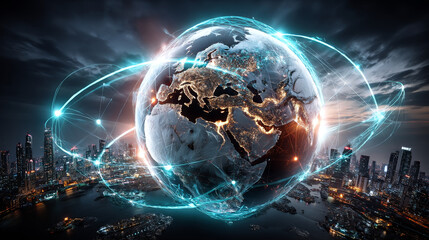 Hands holding globe with network connecting data of Big Data analytics, AI, ML, real-time data, scalable storage, cloud computing, data mining, IoT, automation, visualization, security, integration.