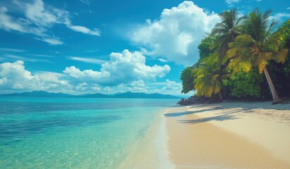 Exotic island paradise with crystal clear turquoise waters, palm trees, and pristine sandy shore under a bright blue sky with fluffy white clouds, evoking tropical relaxation and adventure