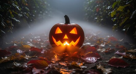 Fototapeta premium A glowing jack o'lantern sits amidst fallen leaves on a foggy path in a spooky halloween scene