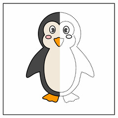 Half-colored penguin illustration, kids can complete by coloring the other half, fun and educational drawing activity.