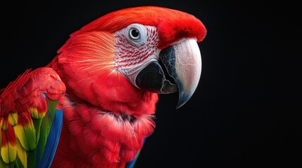 Fototapeta premium Vibrant Scarlet Macaw Portrait with Striking Colors Against Dark Background