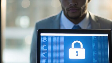 Professional man focuses on a computer displaying a security lock symbol, suggesting themes of cybersecurity and data protection.