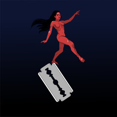 Surreal female figure balancing on razor blade, dark conceptual illustration
