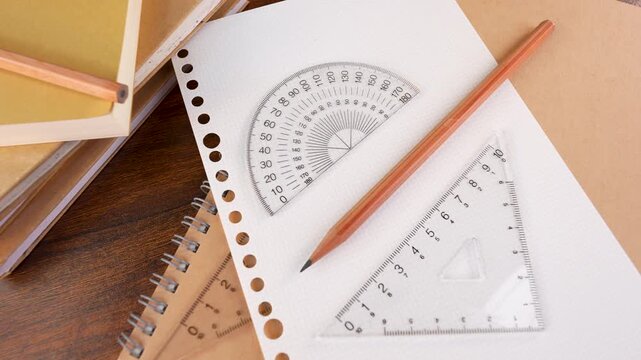 Closeup of protractor, triangle ruler measuring tools, pencil isolated on white graph chart paper and books.