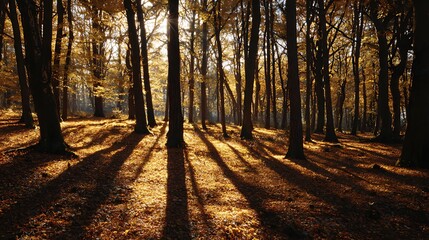 Obraz premium Sunlight filters through a woodland in autumn.