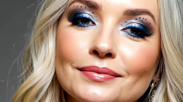 Medium close-up of mature glamour model with glittering silver and blue eyeshadow, shiny lips, dramatic shadow play, subtle smile