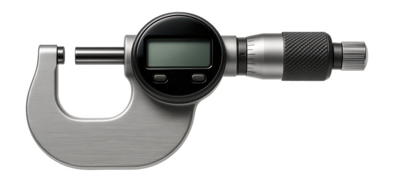 Micrometer caliper with a digital readout for precise measurements in engineering.