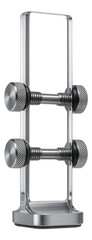 Glass display holder with adjustable tension screws for retail store showcases.