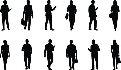 silhouette, people, walking, standing, man, woman, smartphone, bag, business, casual, urban, city, commute, human, figure, isolated, vector, illustration, crowd, outline