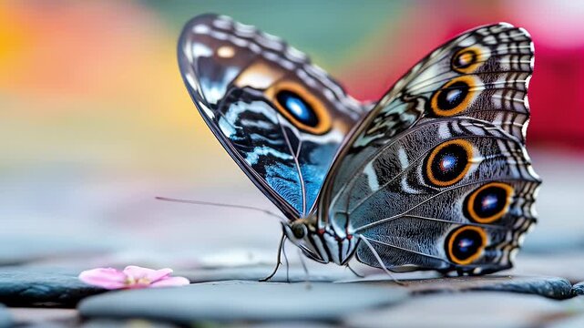 Stunning Macro View: Vibrant Blue Morpho Butterfly Resting on Stones, Detailed Wings