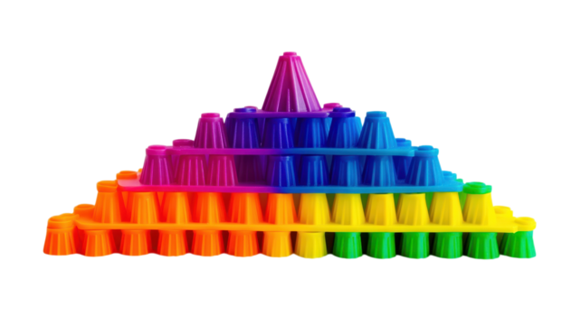 Stacked plastic cups in vibrant colors create a pyramid structure during a fun indoor craft activity