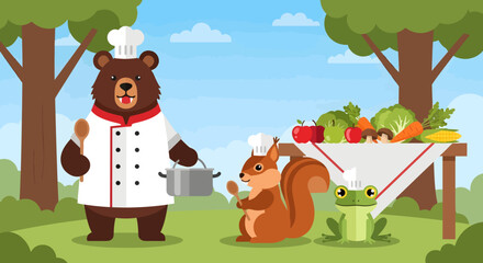 Fototapeta premium Friendly animal chefs prepare healthy food outdoors illustration with fresh produce
