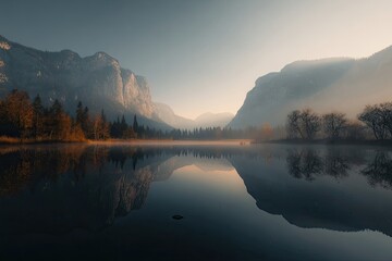 Fototapeta premium Misty mountain lake at dawn, serene reflection