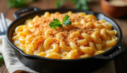 Creamy mac and cheese with breadcrumbs in a cast iron skillet