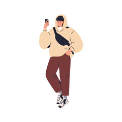 Man holding mobile phone in hand, walking on street. Young male looking at smartphone outdoors, surfing social media during urban stroll. Flat vector illustration isolated on white background