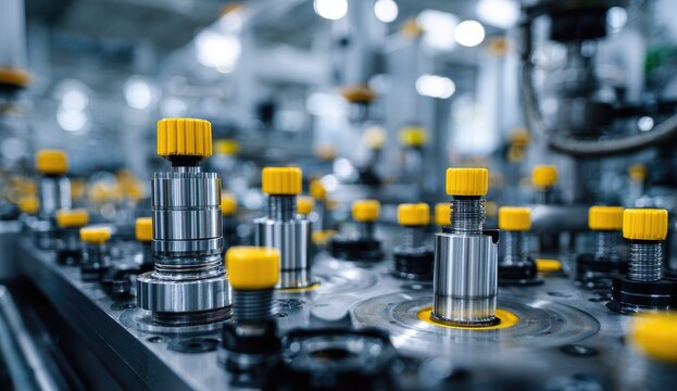 Industrial machinery closeup with yellow knobs and metallic components