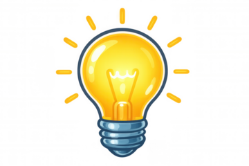 Bright yellow light bulb glowing with surrounding rays on a transparent background, symbolizing creativity, innovation, and new ideas