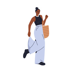 Black woman in casual fashion style clothing. Female adjusting loose wide-legged jeans, pants outdoors. Girl in stylish modern summer outfit. Flat vector illustration isolated on white background