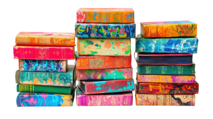 Vintage books with artistic covers are stacked in a vibrant arrangement, showcasing a variety of colors and patterns
