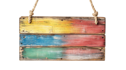 A wooden sign with vibrant yellow, red, blue, and green stripes, hung by rope, exuding rustic charm