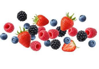 Dynamic ripe strawberries, raspberries, blueberries, and blackberries falling mid-air on a transparent studio background with soft lighting, concept of natural health and vitality