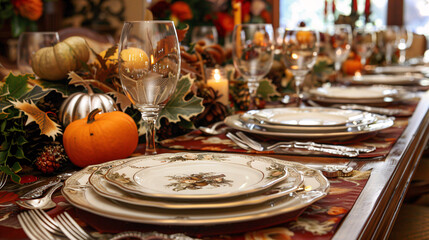 Naklejka premium White plates arranged in a row on the dining table for Thanksgiving celebration.