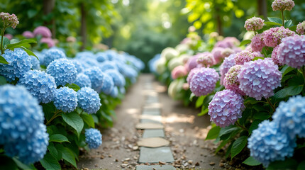Walking Path Through Colorful Hydrangea Flowers in Garden