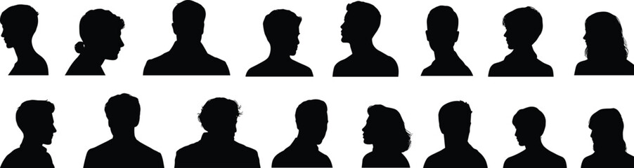 silhouette, people, profile, head, male, female, side, view, black, white, group, face, outline, crowd, human, portrait, shadow, diverse, illustration, design