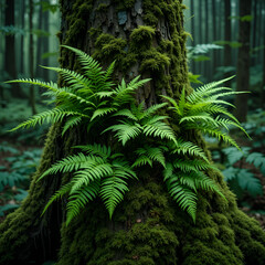 Lush green ferns growing on a mossy tree trunk in the forest