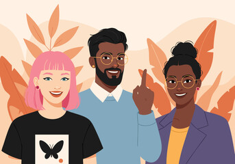 Diverse group of modern young friends expressing a rebellious attitude. Confident woman gives the middle finger gesture with a smile.