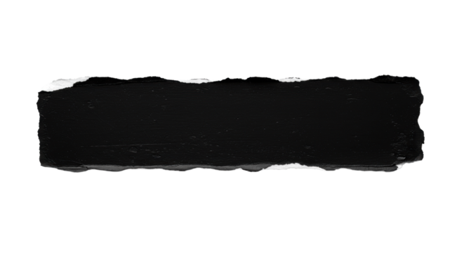 Abstract, thick, heavily textured black shape with torn, rugged edges on a transparent background, top-down, no shadows, minimalist studio concept of breakthrough