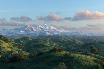 Snowy peaks rise above verdant hills at dawn