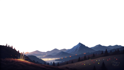 Serene Night Landscape:  Sparkler, Mountains, and Forest Silhouette at Dusk.