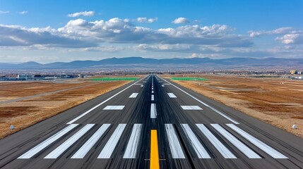 Aerial View of a Busy Airport Runway on a Bright Sunny Day with Clear Blue Skies and Soft Clouds