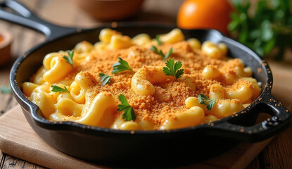 Creamy, cheesy mac and cheese, topped with crispy breadcrumbs, in a cast iron skillet.