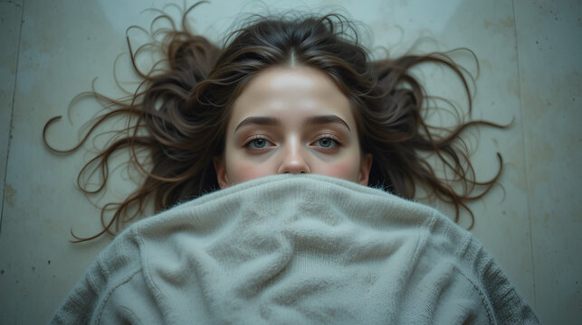 Woman lying on floor and hiding under emotionless face, view from above