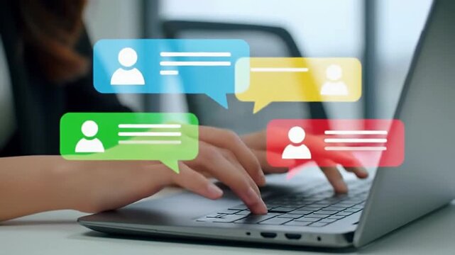 Businessman messaging team with using laptop computer. Collaboration platform. Employee communication and knowledge sharing on discussion forums in internal social network