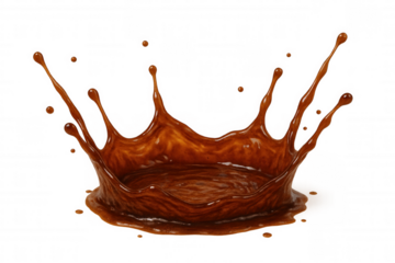 Coffee splash creating crown-like pattern, liquid droplets arcing dynamically, rich brown color spreading across transparent surface