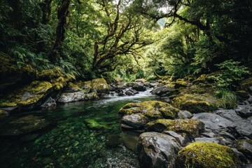 Crystal-clear stream winding through lush, mossy forest
