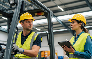 Two workers talk to coordinate the process of moving project materials.