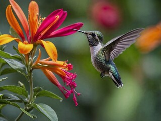 Fototapeta premium Close-up of Hummingbird Hovering Near Tropical Flower Nectar
