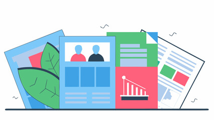 Obraz premium Colorful business documents stacked with charts and leaf elements, symbolizing growth and data analysis.