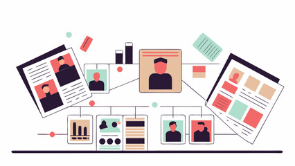 Fototapeta premium A vector illustration depicting a data analysis workflow with charts and profile images, showcasing a modern technology environment.