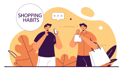Two young men discuss shopping habits while holding mobile devices and a shopping bag, set against a vibrant orange background.