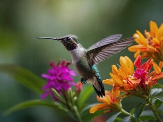 Fototapeta premium Close-up of Hummingbird Hovering Near Tropical Flower Nectar
