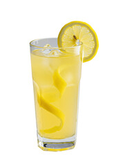 Tall clear glass of bright yellow lemonade with cubed ice, lemon slice, coiled peel, isolated on transparent studio background, photorealistic, sharp focus, refreshing summer beverage concept