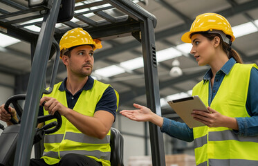 Heavy equipment operator receives instructions from the foreman at the worksite.