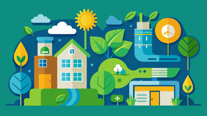 A vibrant and whimsical illustration of eco-friendly homes surrounded by greenery and sunshine.